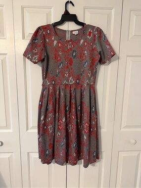 LuLaRoe Gray Mini Dress with Red and Navy Floral Motif